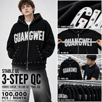 Sweat à capuche zippé personnalisé avec strass pour homme, style streetwear, avec patch lettre appliqué, fabricant de vestes à capuche