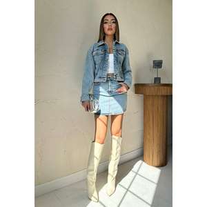 Ensemble veste en jean bleu pailleté pour femme, manches longues, tenue vintage en denim de coton - Product Image 4