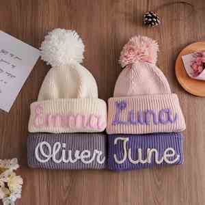 Gorros de Bebé Personalizados, Transpirables, de Algodón, con Nombre Bordado, Gorro de Punto con Pompón, Regalo de Invierno, Cumpleaños - Product Image 5