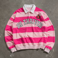 Sweat-shirt polo de rugby rayé rose personnalisé pour homme, avec strass, motif universitaire, col boutonné oversize, manches longues, style streetwear