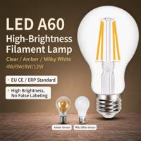 Ampoule à filament LED A60, culot E27, verre ambré vintage Edison, 3000K/6500K, 480-1200LM, économie d'énergie, garantie de 2 ans