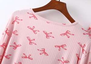 PJ-055 Conjunto de pantalones de manga larga de modal acanalado para mujer, cárdigan con cuello en V, ropa para el hogar, rosa, blanco - Product Image 6