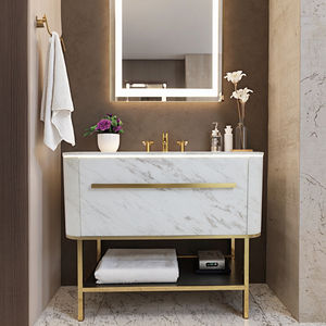 럭셔리 현대 대리석 욕실 세면대 캐비닛 세트 LED 스트립 라이트 싱크 캐비닛 스토리지 유닛 현대 고급 욕실 세면대 - Product Image 1