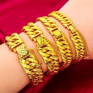 Gelang Tautan pergelangan tangan klasik isi emas kuning 18K gelang tebal panjang 20cm untuk pria wanita hadiah trendi terutama dibuat dari tembaga - Product Image 2