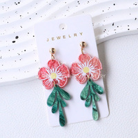 Anting Gantung Daun Bunga Merah Musim Semi Gaya Boho, Anting Akrilik Berkilau Motif Bunga, Perhiasan Wanita Trendi