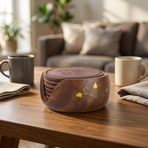 Juego de Posavasos Artesanales Vintage de Madera de Mango con Incrustaciones Florales Redondas, Estilo Clásico, Decoración Artística para Mesa, Platos para Bebidas - Product Image 1