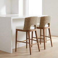 Tabouret de bar de cuisine en bois de teck avec design en jonc de mer naturel et matériaux mélangés, chaise haute, mobilier