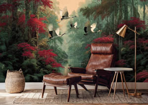 <span class=keywords><strong>Papier</strong></span> <span class=keywords><strong>peint</strong></span> personnalisable avec motif grue et forêt d'érables rouges, paysage de <span class=keywords><strong>jungle</strong></span> mystique vert foncé pour murs d'accentuation, intérieur de maison de luxe - Product Image 4