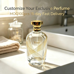 Eau <span class=keywords><strong>de</strong></span> Parfum Personalizado con Aroma a Pera Dulce y Fresia, Botella con Líneas Geométricas Doradas, Marca Privada, Venta al Por Mayor - Product Image 1