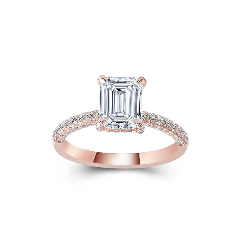 Прованс драгоценный камень розовое золото 3 стороны выложены DEF 2 карата изумрудная огранка Муассанит бриллиант обручальное кольцо со скрытым ореолом