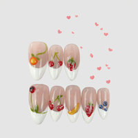 Design # 1196 Faux Ongles à Presser en Gros, Forme Ovale Française, Faits Main, 10 Pièces, Cœur Rouge, Bordure Blanche, Ongles Complètes à Coller