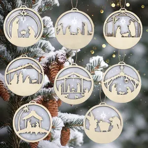 Laser 3D Cuttign Round Wooden Hanging Decoration Creative Christmas Nativity Scene Christmas Tree Pendants