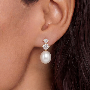 Copper 18K <b>Gold</b> Plated Double CZ White Pearl Drop <b>Earrings</b> for Women Round Zircon <b>Dangle</b> Pearl Stud Jewelry Bridal Gift - Product Image 2