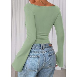 FOXA Women's Long Sleeve Crop Top Boat Neck <b>Bell</b> Sleeve Ribbed Ruched Casual Y2K Style Knit Pullover - Product Image 4