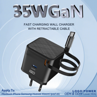 Chargeur mural portable pour ordinateur portable et téléphone, avec câble rétractable PD 35W, double port Type-C, prise UE/UK, compatible SCP