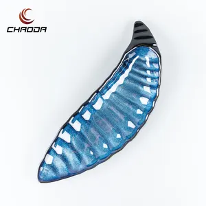 Wholesale Long Oval Shape Blue Glaze Inside Black Serving Porcelain Restaurant Hotel Dish Plate Ceramic For Sushi Dessert