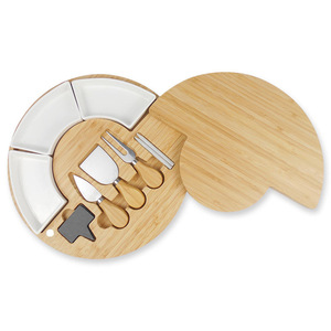 Plato redondo de bambú para queso con inserciones de cerámica y utensilios para servir queso y frutas. - Product Image 1