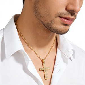 CUSTOM SILVER 10K/14K/18K GOLD PLATED LAB GROWN CVD DIAMOND CLASSIC ENGAGEMENT GIFT SWEATER <b>CHAIN</b> NECKLACE <b>CROSS</b> PENDANT VS - Product Image 5