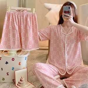 Conjunto de Pijama de Tres Piezas para Mujer I-0649, Camiseta de Manga Corta con Cuello en V, Pantalones Holgados, Estampado Informal, Ropa de Dormir para Verano - Product Image 6