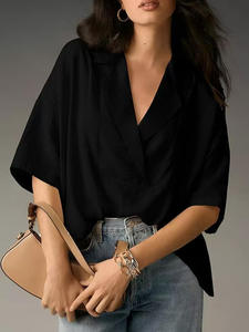 Blusa de Verano para Mujer, Transpirable, de Poliéster, Cuello en V, Manga Corta, Color Sólido, Corte Holgado, Informal, para Oficina - Product Image 4