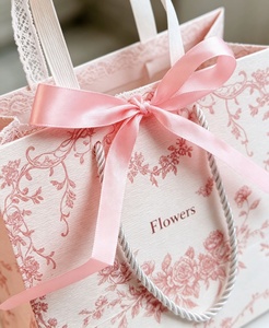 Classic <b>Mini</b> Gift Bag With Pink Floral Print Cotton Rope Handle Recyclable Art Paper Hand Length Handle Ribbon Accessory - Product Image 3