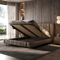 Lit de Luxe Moderne en Cuir Véritable avec Tête de Lit Capitonnée à Canneles Verticales, Lit King Size Rembourré pour Chambre Parentale