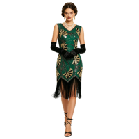 Robe de soirée vintage pour femme, style Charleston des années 20, col en V, sans manches, à sequins et pompons, mi-longue, moulante, en polyester tissé, en stock