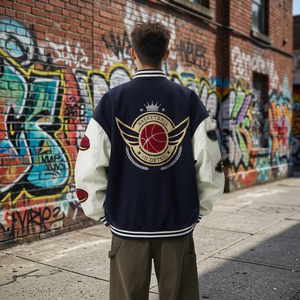 Veste universitaire pour homme, broderie de patchwork de basket-ball, bleu marine et blanc, streetwear, vêtements décontractés d'automne - Product Image 1