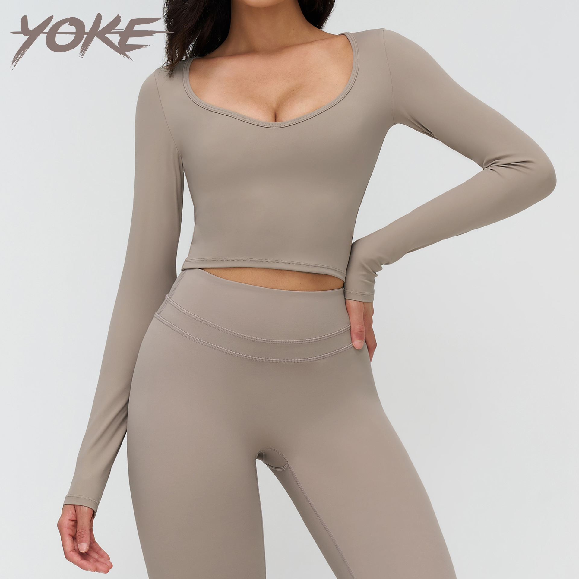 Yoke Women's Brushed Fabric Yoga Long-Sleeve V-Neck Fitted Casual Yoga Top for Outdoor Running and Fitness