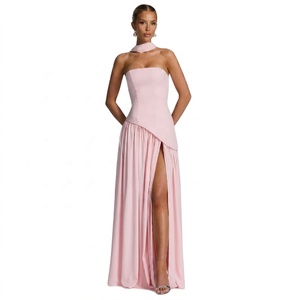 Abito Monocolore Senza Spalline con Lacci, Vestito Lungo <span class=keywords><strong>Sexy</strong></span> con Schiena Scoperta e Spacco Alto, Nuova Collezione - Product Image 1