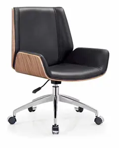मध्य वापस एल्यूमीनियम प्लाईवुड अखरोट सफेद पु चमड़े के कार्यालय की कुर्सी