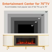 Meuble TV électrique cannelé blanc avec foyer pour téléviseurs jusqu'à 85 pouces, console multimédia moderne avec pieds dorés et armoire de rangement