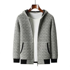 Pull à capuche zippé pour homme en laine acrylique tricoté épais à rayures, manches longues, pour l'automne - Product Image 3