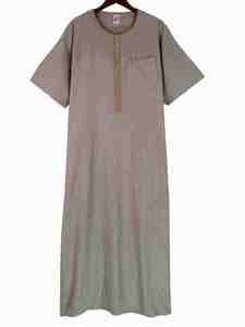 <b>Men's</b> Light Gray Short Sleeve Embroidered <b>Thobe</b> Linen Floor Length Casual Daily Wear our fabric - Product Image 1