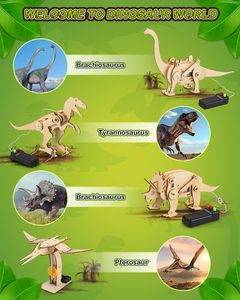 Lot de 4 jouets dinosaures pour enfants, puzzle en bois 3D, projets scientifiques éducatifs, jouets, kits STEM - Product Image 3