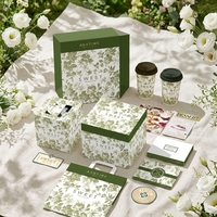 Kit d'emballage personnalisé pour desserts à motif botanique, boîte à gâteau à motif de feuillage vert, sac à emporter pour tasses à café pour pâtisserie