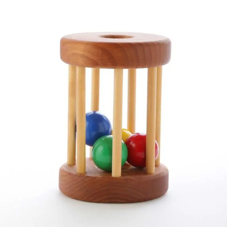 Montessori Wooden Rattle Educational Toy Baby Developmental Toy Rolling Ball Cylinder Rolling Drum Tumbler Floor Toy