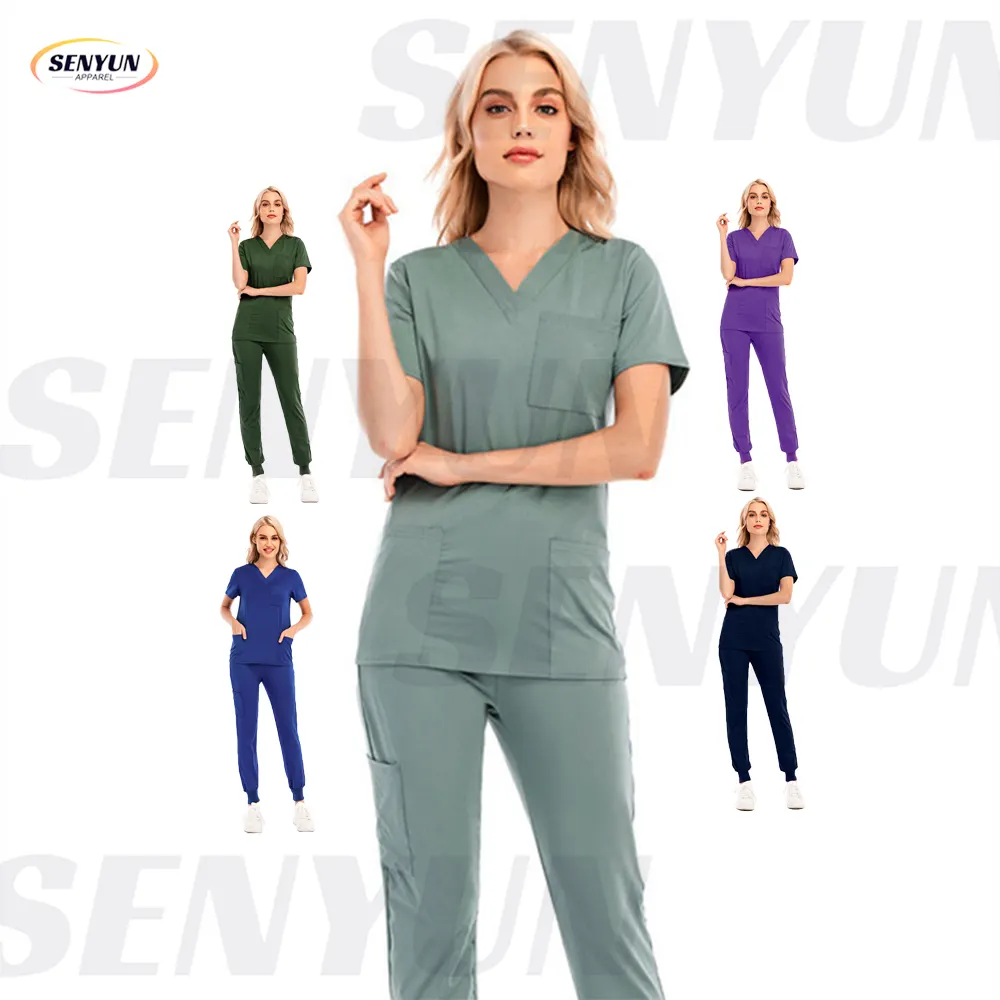 Vrouwelijk Ziekenhuis Uniform V-Hals Geborduurde Europa Stijl Custom Logo Roze Kleur 2 Stuk Set Mode Lichaam Vrouwen Medische Scrubs