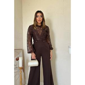 Mono de Encaje Marrón para Mujer, Cintura Alta, Manga Larga, Elegante, Ropa Formal, 100% Poliéster - Product Image 2