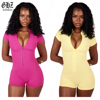Fabricants de vêtements Y2K – Combinaison moulante côtelée unie pour femme avec fermeture éclair, manches courtes, coupe ajustée, extensible, une pièce, courte