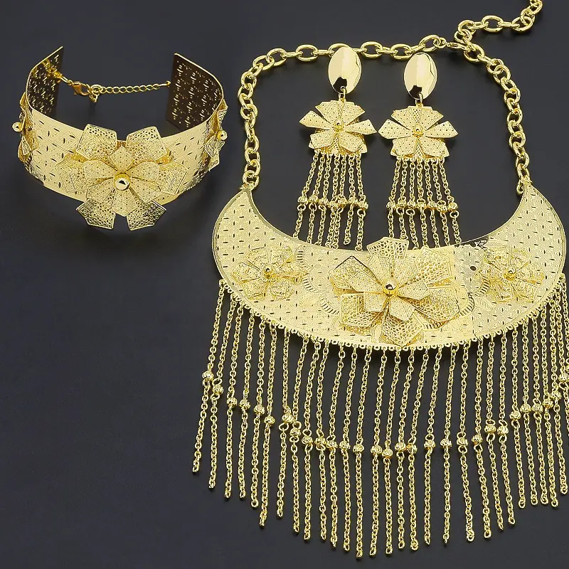 JXX vente en gros de bijoux de mariée indiens plaqués or 24 carats ensembles de colliers, bracelets et boucles d'oreilles
