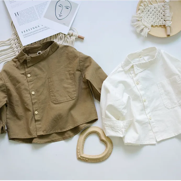 22 autumn children's cotton and linen shirts boys and girls with partial collar design cotton and linen shirts