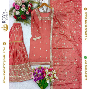 Moda moderna nueva seda pura de Chinon con Secuencia bordada pesada trabajo Sharara conjunto de traje colección con Dupatta - Product Image 3