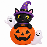 Chat noir gonflable d'Halloween sur citrouille Jack O'Lantern avec chapeau de sorcière et fantômes, décoration pour jardin extérieur, pelouse, fête de fin d'année