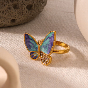 Anillos Finos para Mujer Resistentes al Deslustre e Impermeables, Chapados en Oro PVD de 14k y 18k, con Diamantes de Mariposa, Anillo de Acero Inoxidable 316L con Esmalte para Mujer - Product Image 4