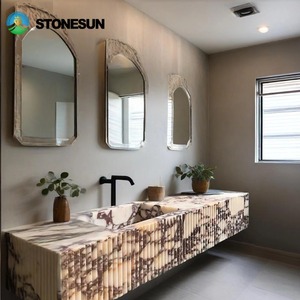 StoneSun Calacatta Viola natuursteen marmeren spoelbak met wastafelonderstel van massief hout voor luxe badkamerprojecten - Product Image 1