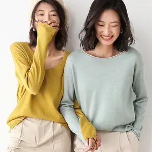 Sweter Wol Campuran Rajutan Kasmir Sweter Wanita Kustom Warna Kuning Leher V Turtleneck Sweter Wanita