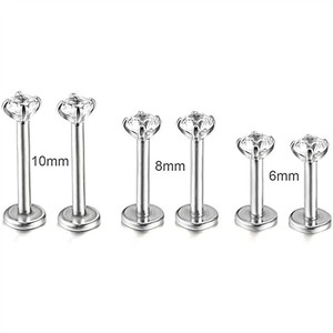 Piercing de lèvre en acier inoxydable avec zircon, fond plat, serti à griffes, style européen, cadeau pour femme - Product Image 4
