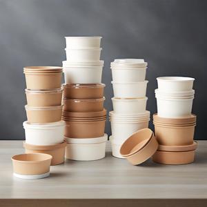 Vente en gros de contenants d'emballage pour salades et plats à emporter en papier kraft blanc avec logo personnalisé imprimé, jetables, avec couvercles - Product Image 3