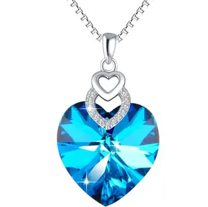 S925 Sterling Zilveren Fancy Diamond Blauw Hart Van De Oceaan Hanger Oostenrijkse Kristallen Valentijnsdag Moederdag Gift ketting
